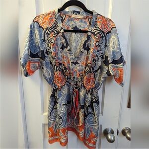 Women’s silk Floral V-Neck Drawstring Tunic Top - Navy & Orange by johnny was